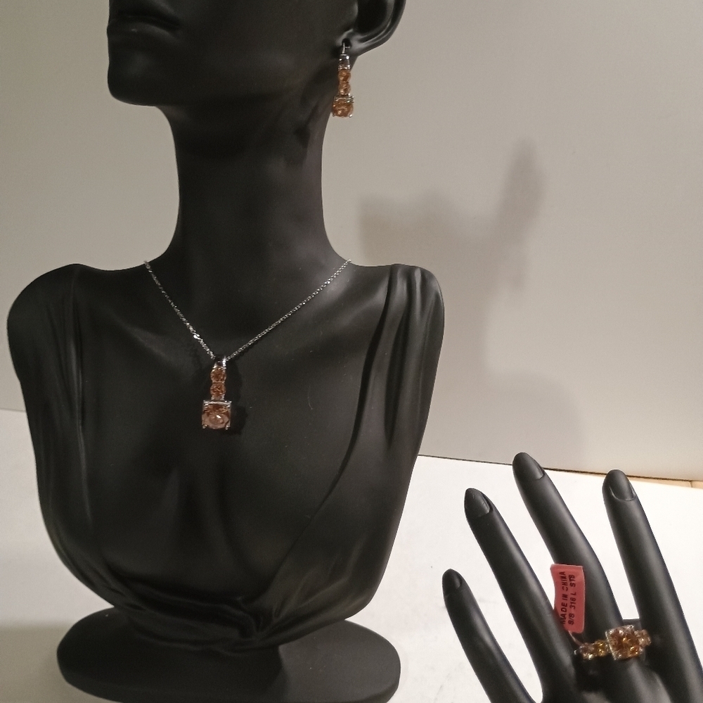 Elegant Orange Crystal and Silver Toned Necklace, Earrings, Ring Jewelry Set
